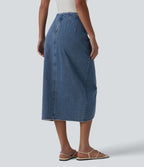 Halara Flex™ Jupe en Jean midi délavé taille haute avec zip dos, effet drapé et ourlet tulipe