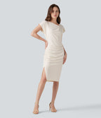 Robe habillée asymétrique col bénitier manches courtes froncée avec ourlet fendu