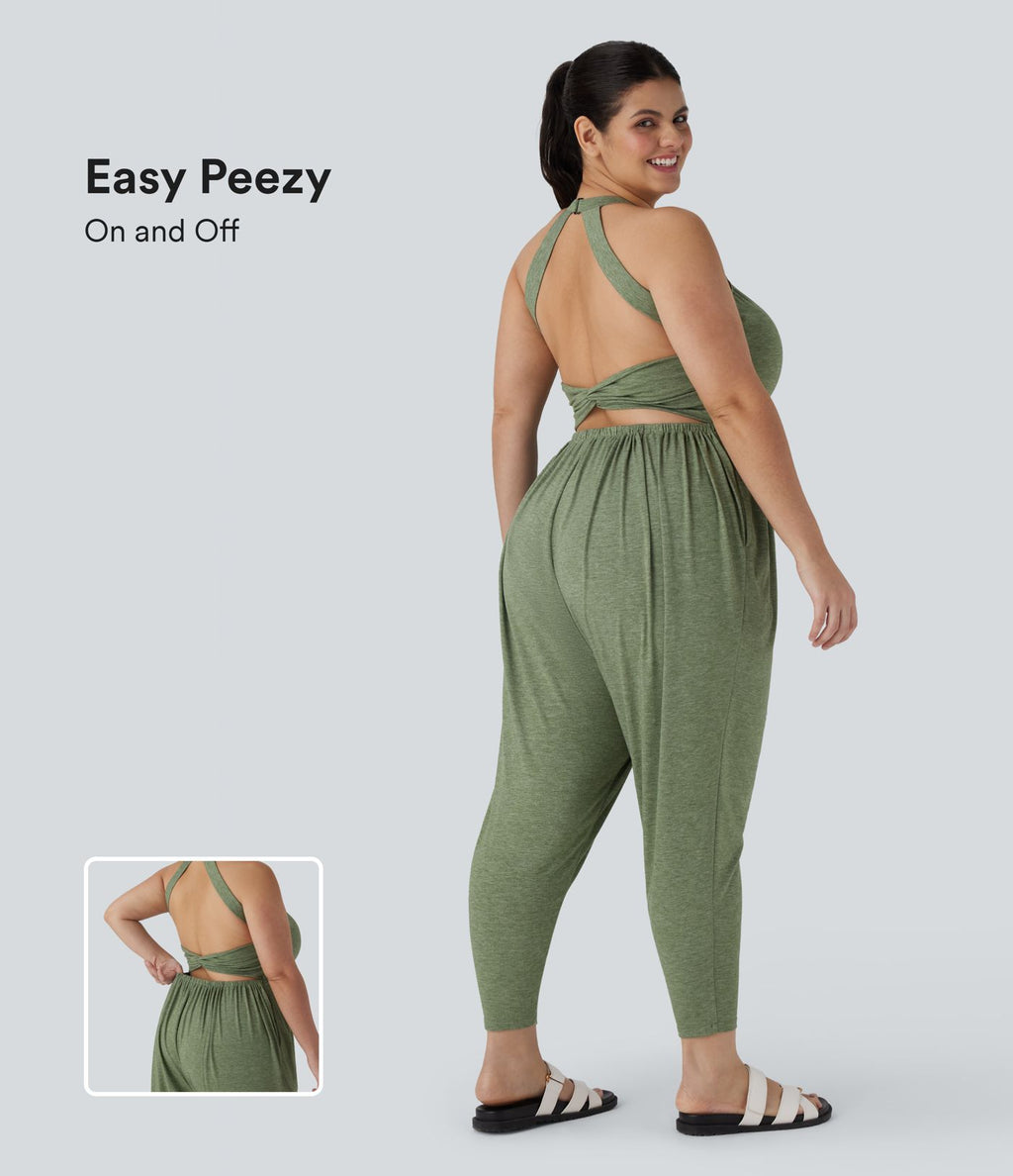 Combinaison sarouel dos nu torsadée grande taille avec poche latérale - Édition facile à enfiler