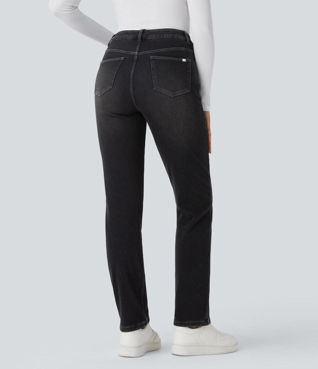 Jean délavé coupe droite taille haute Halara Flex™ Denim Heat avec poches