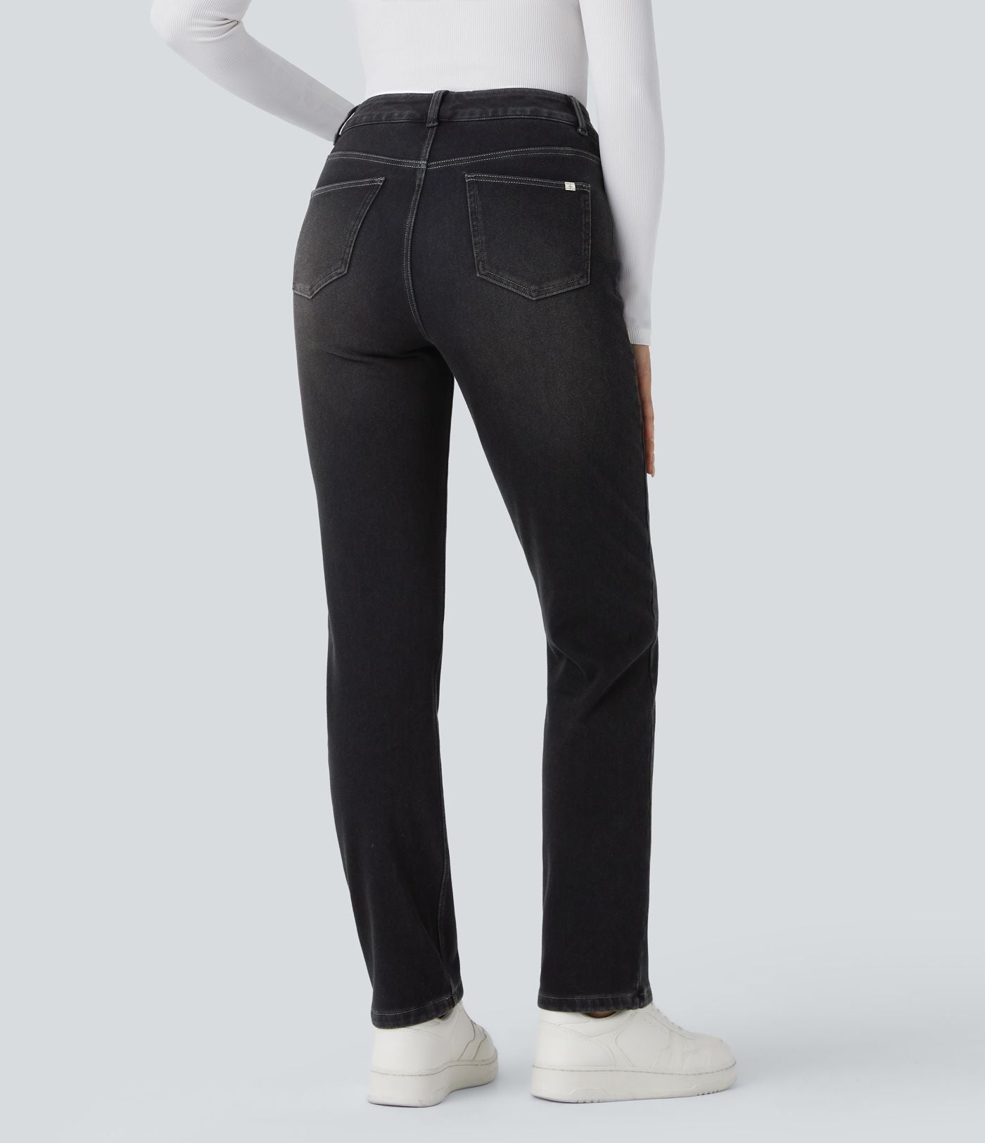 Jean délavé coupe droite taille haute Halara Flex™ Denim Heat avec poches