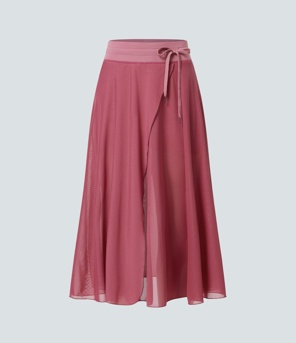 Jupe Casual Évasée Mesh Mi-Longue Fuide 2 en 1 Contrastée Taille Haute Cordon Poche Latérale