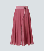 Jupe Casual Évasée Mesh Mi-Longue Fuide 2 en 1 Contrastée Taille Haute Cordon Poche Latérale