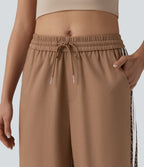 Pantalon ample décontracté taille mi-haute avec cordon de serrage color block rayures léopard contrastant avec poches