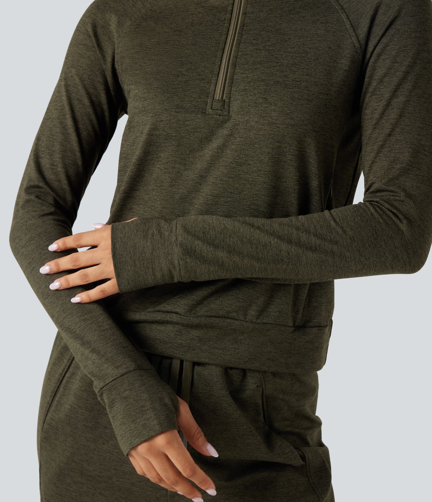 Sweat-shirt polaire thermique chiné séchage rapide demi-zip avec trous pouces et poches - UPF40+