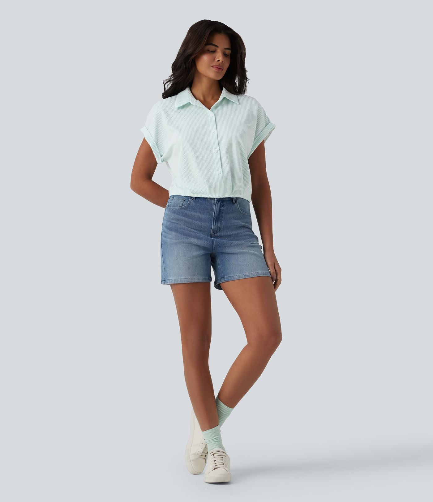 Chemise casual coton froissé à rayures col et manches chauve-souris