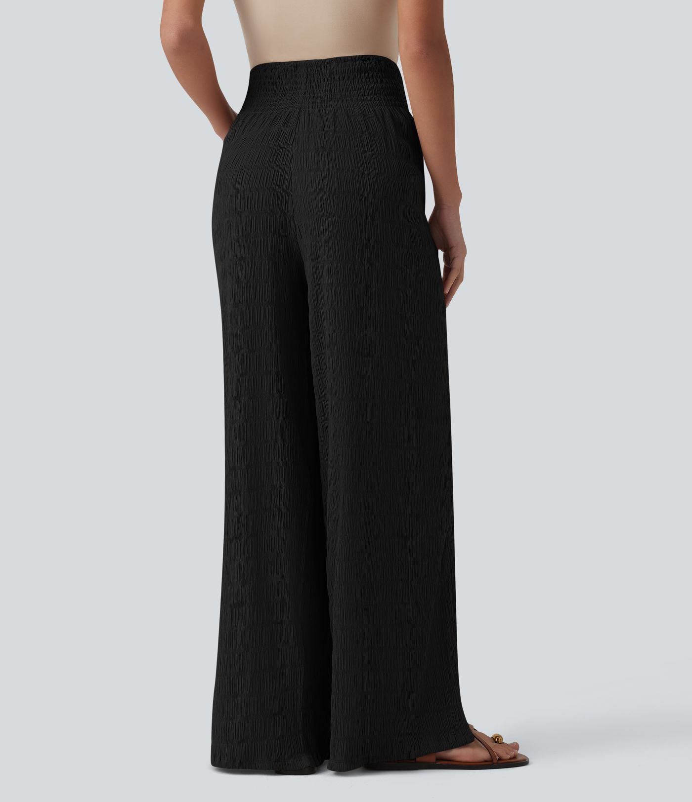 Pantalon large casual texturé taille mi-haute avec cordon de serrage et poches – Style resort