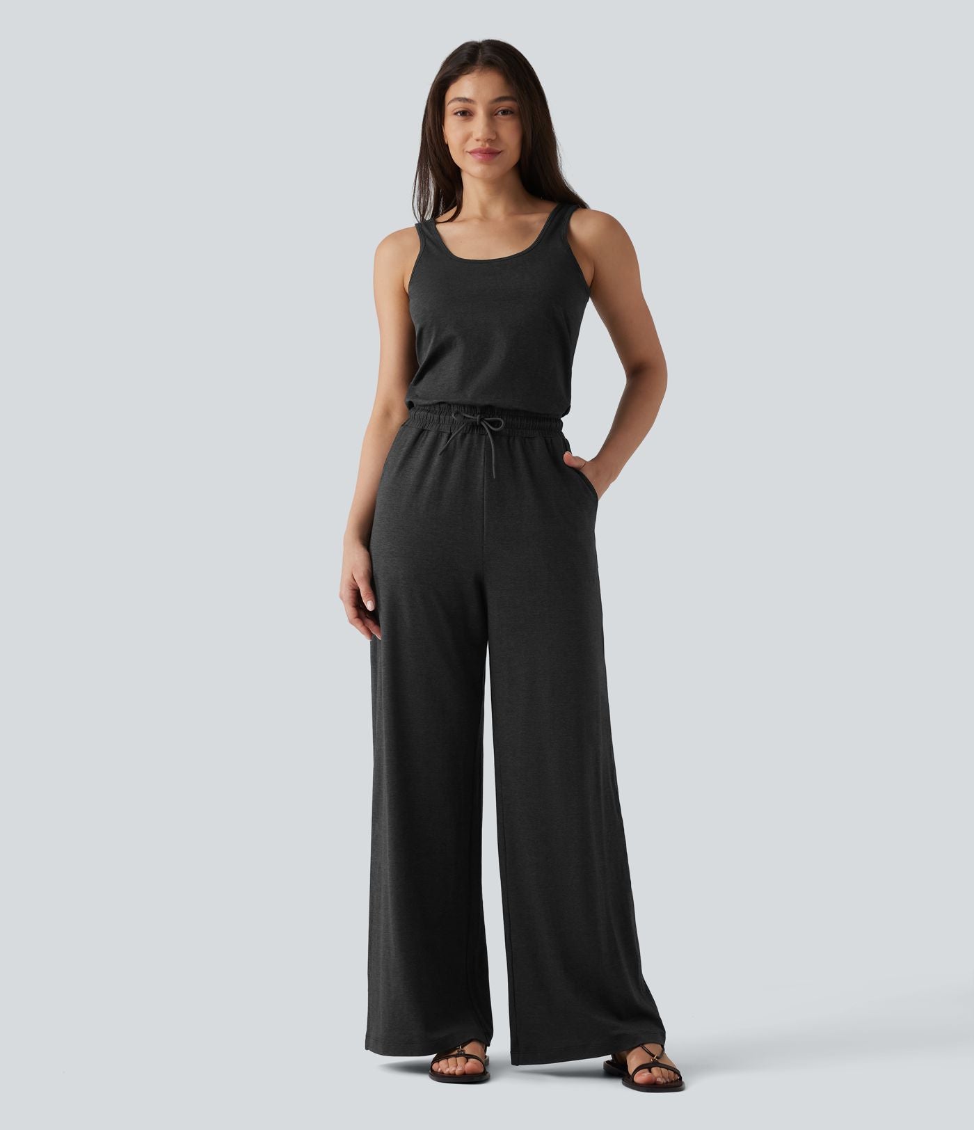 Combinaison casual baggy chinée sans manches à col U et cordon de serrage avec poches — Édition Easy Peasy