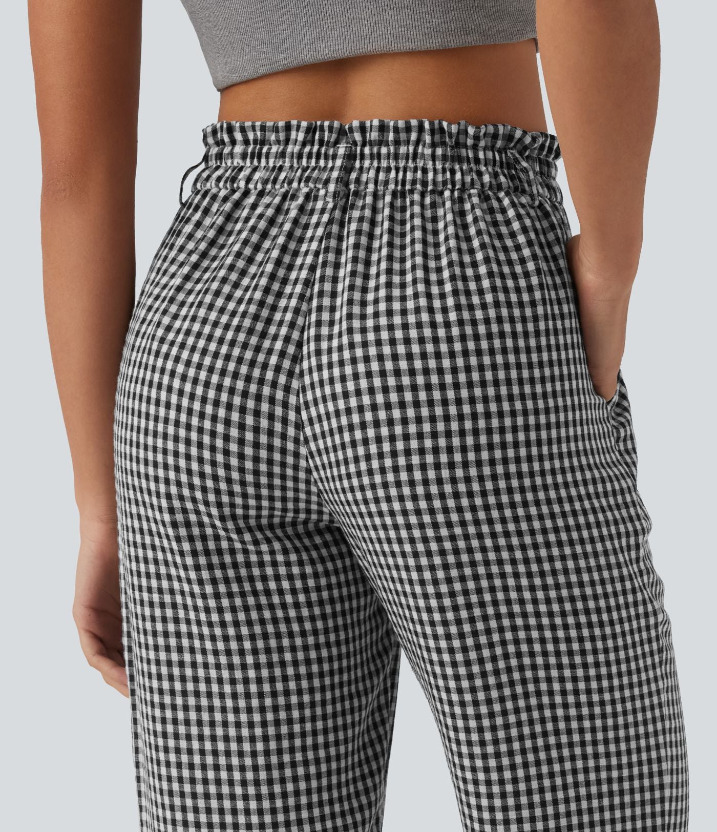 Pantalon 7/8 décontracté aspect lin à carreaux taille haute avec poches