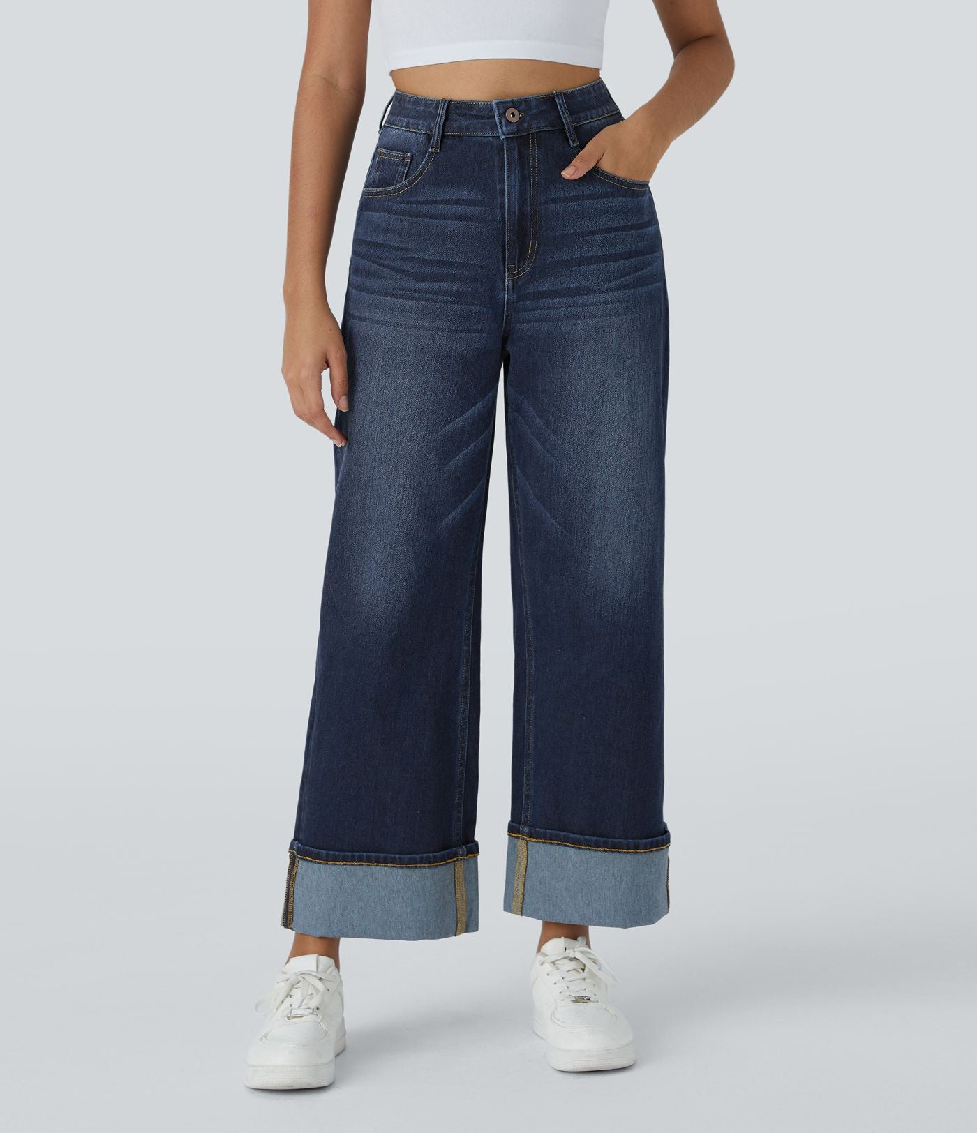 Halara Flex™ Jean Larges Taille Haute Ourlet Roulotté Multiples Poches
