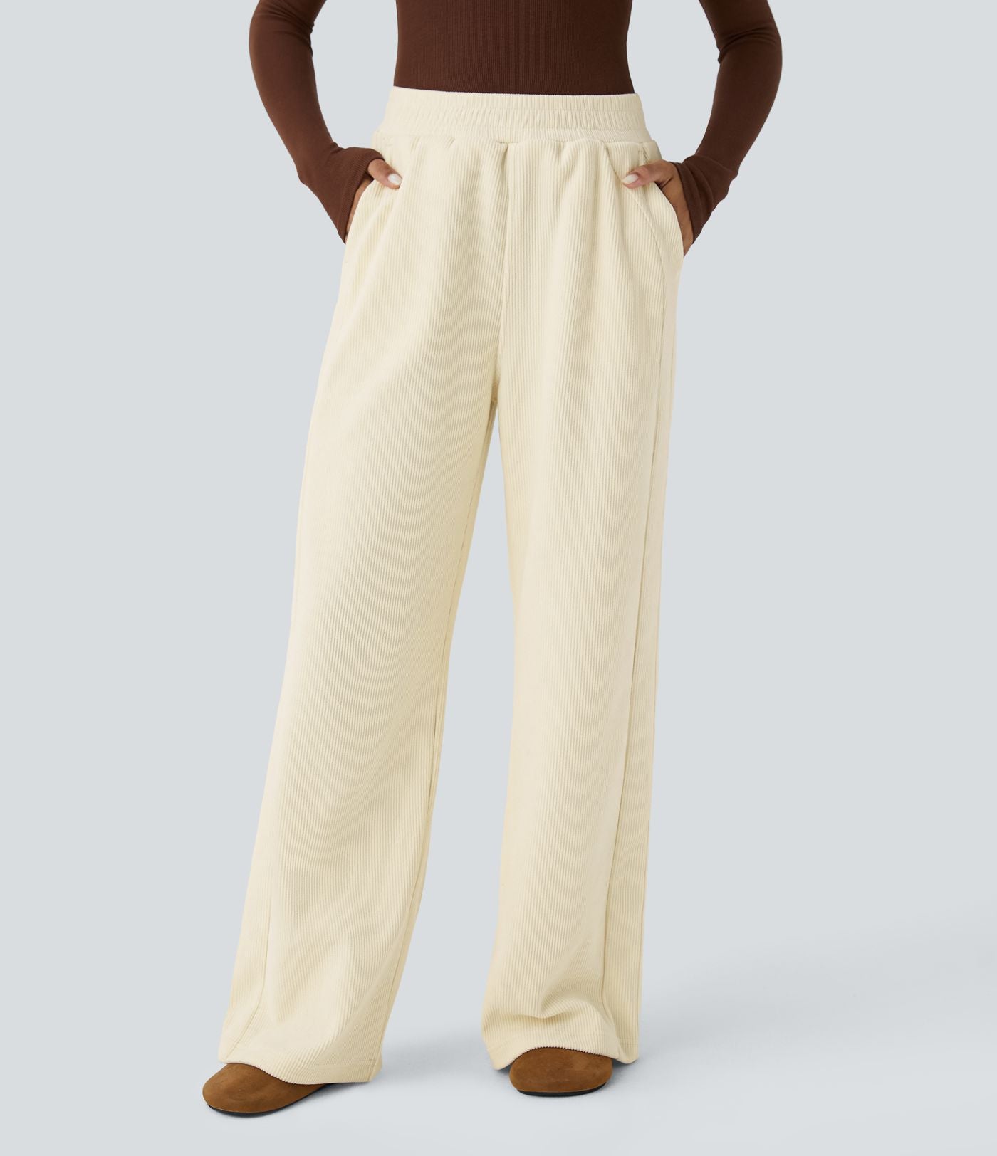 Pantalon velours côtelé de jogging décontracté à taille haute avec poches latérales