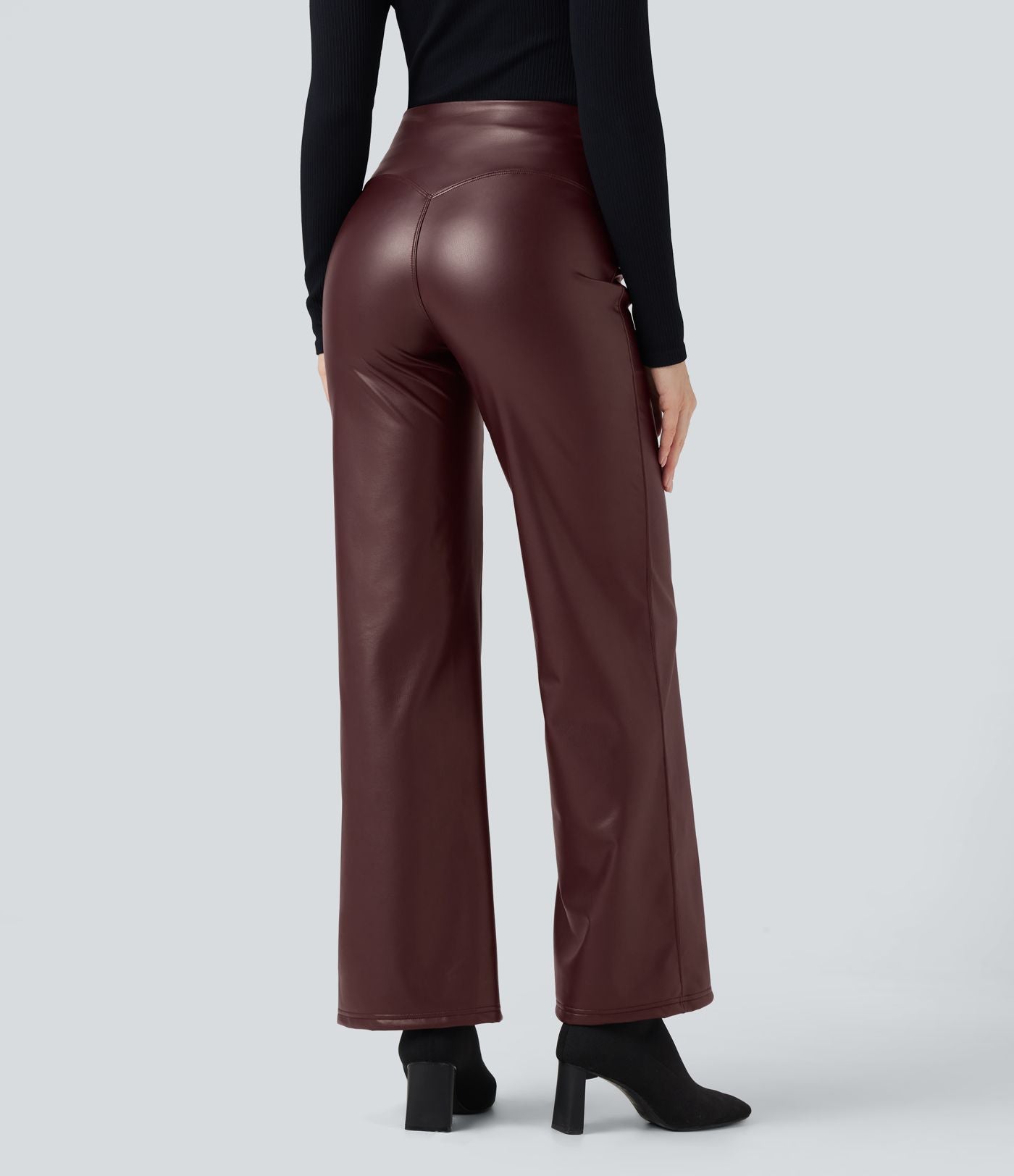 Pantalon similicuir évasé gainant taille haute stretch avec poches