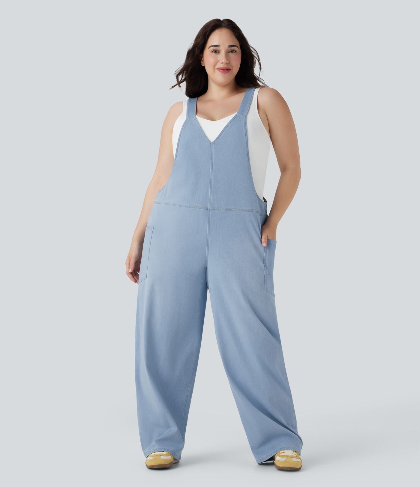 Salopette décontractée Halara Flex™ grande taille en maille denim extensible délavée col V avec poches