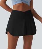 Jupe mini de tennis à œillets, taille haute, 2 en 1, coupe trapèze, croisée, avec poches