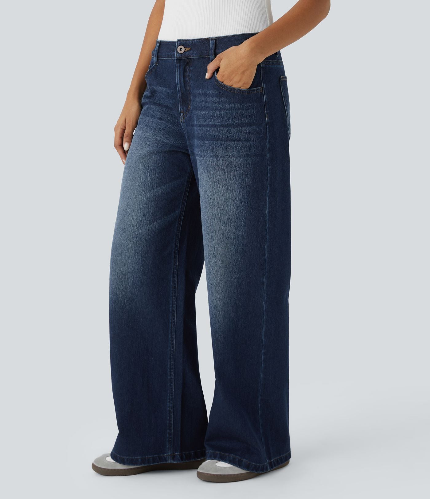Halara Flex™ Jean Large Casual Taille Basse avec Boutons Zip Multiples Poches Lavés Élastiques et Tricotés