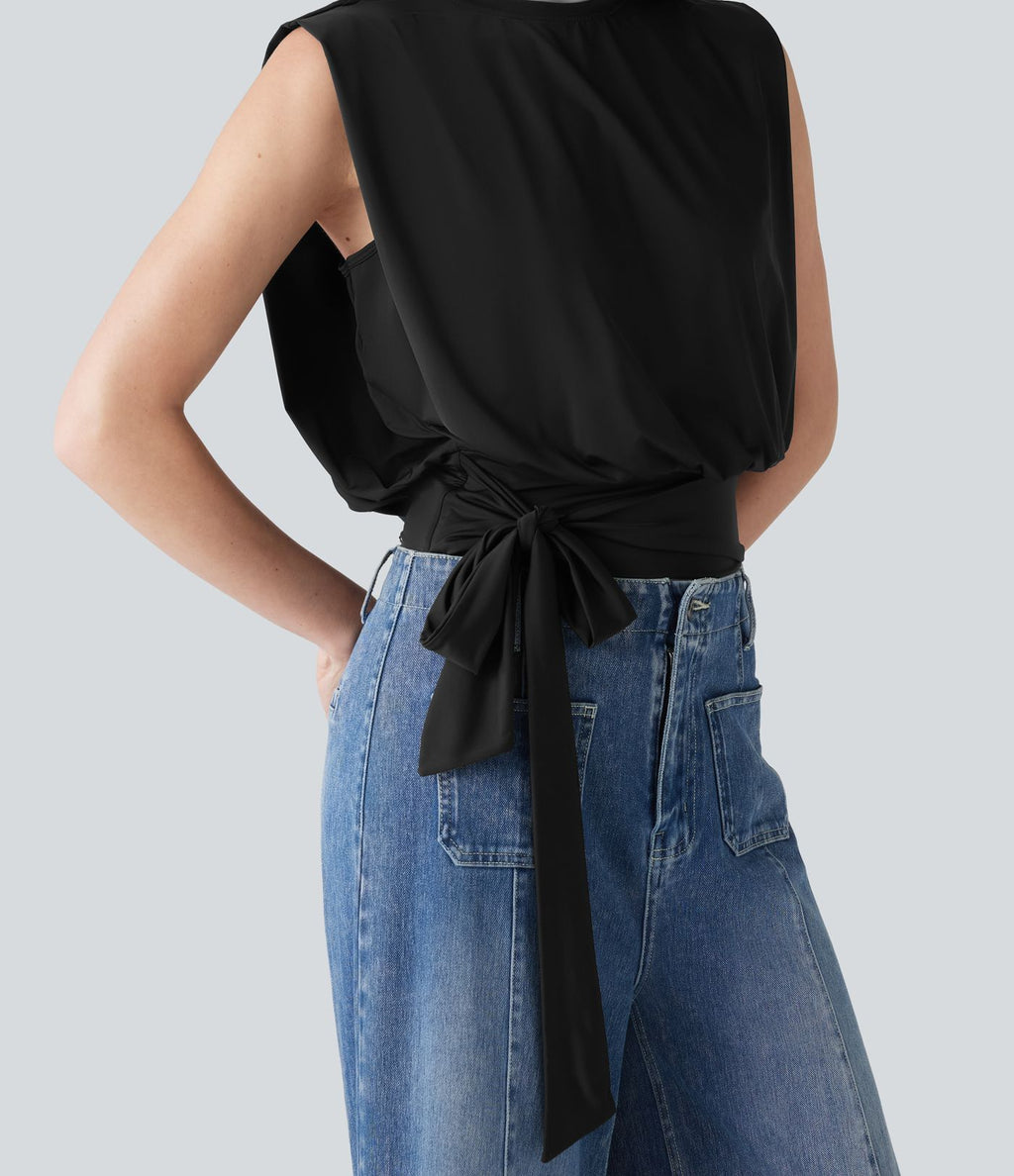 Haut décontracté, col rond, sans manches, à nouer sur le côté, à effet frais InstantCool, protection solaire UPF50+