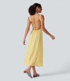 Robe midi fluide style vacances effet lin à motif tartan, encolure carrée, dos nu croisé et corset