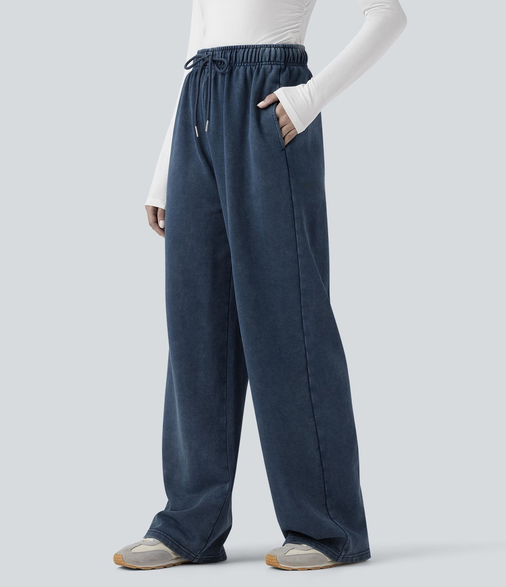 Pantalon jogging en coton molleton français délavé taille haute avec cordon de serrage et poches