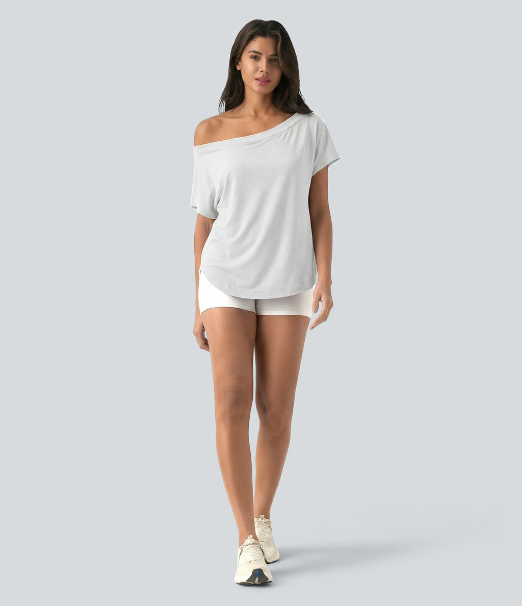 Top de sport yoga asymétrique à épaule dénudée manches courtes ourlet arrondi et coupe asymétrique à séchage rapide – Soutien-gorge intégré