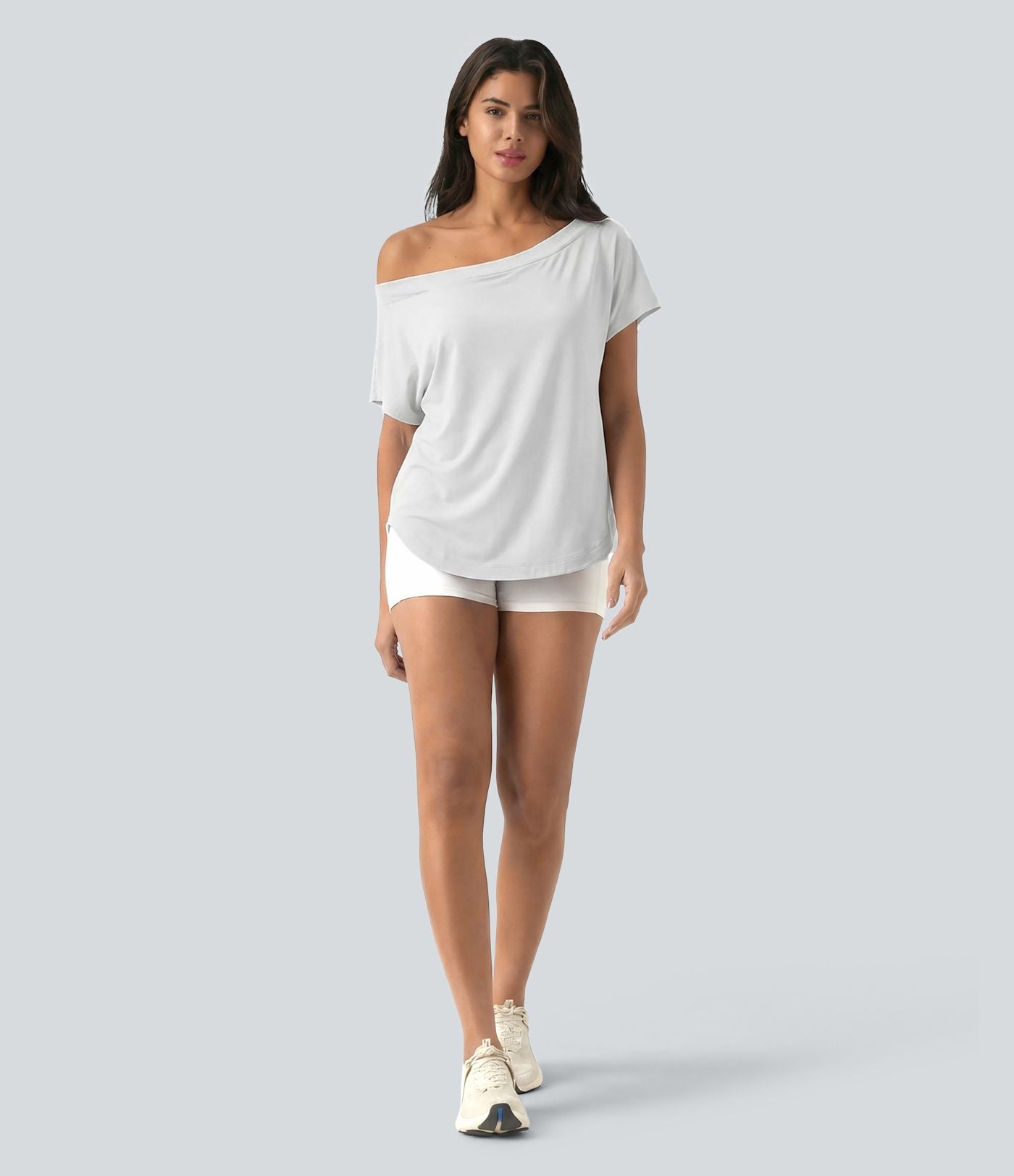 Top de sport yoga asymétrique à épaule dénudée manches courtes ourlet arrondi et coupe asymétrique à séchage rapide – Soutien-gorge intégré