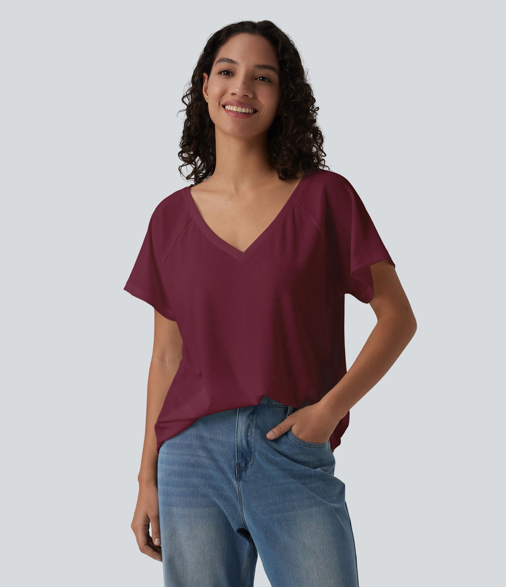 T-shirt casual col V manches raglan courtes coupe ample