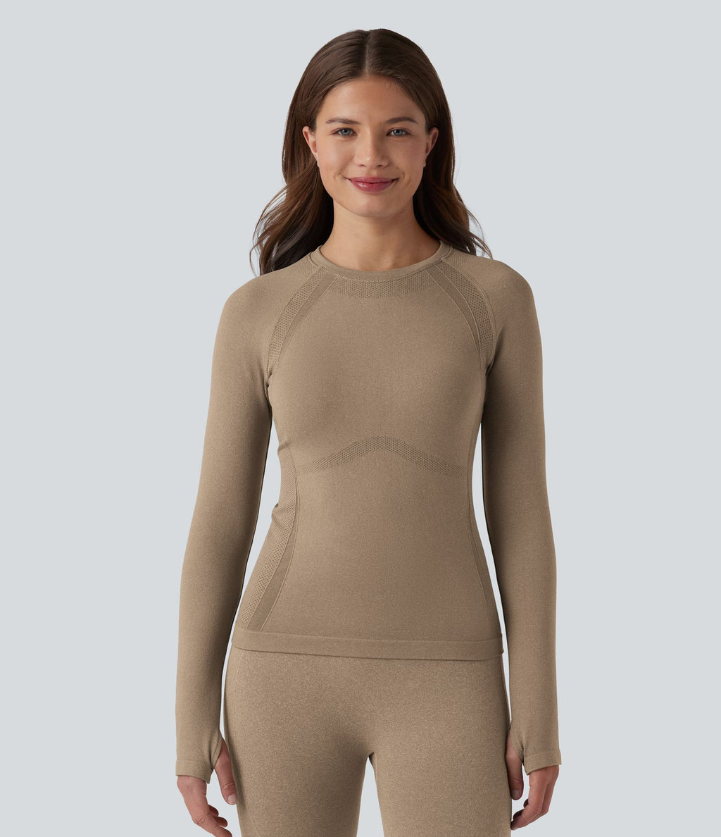 OneForm Seamless Flow Top de sport yoga à col rond, manches longues raglan avec passants pouces