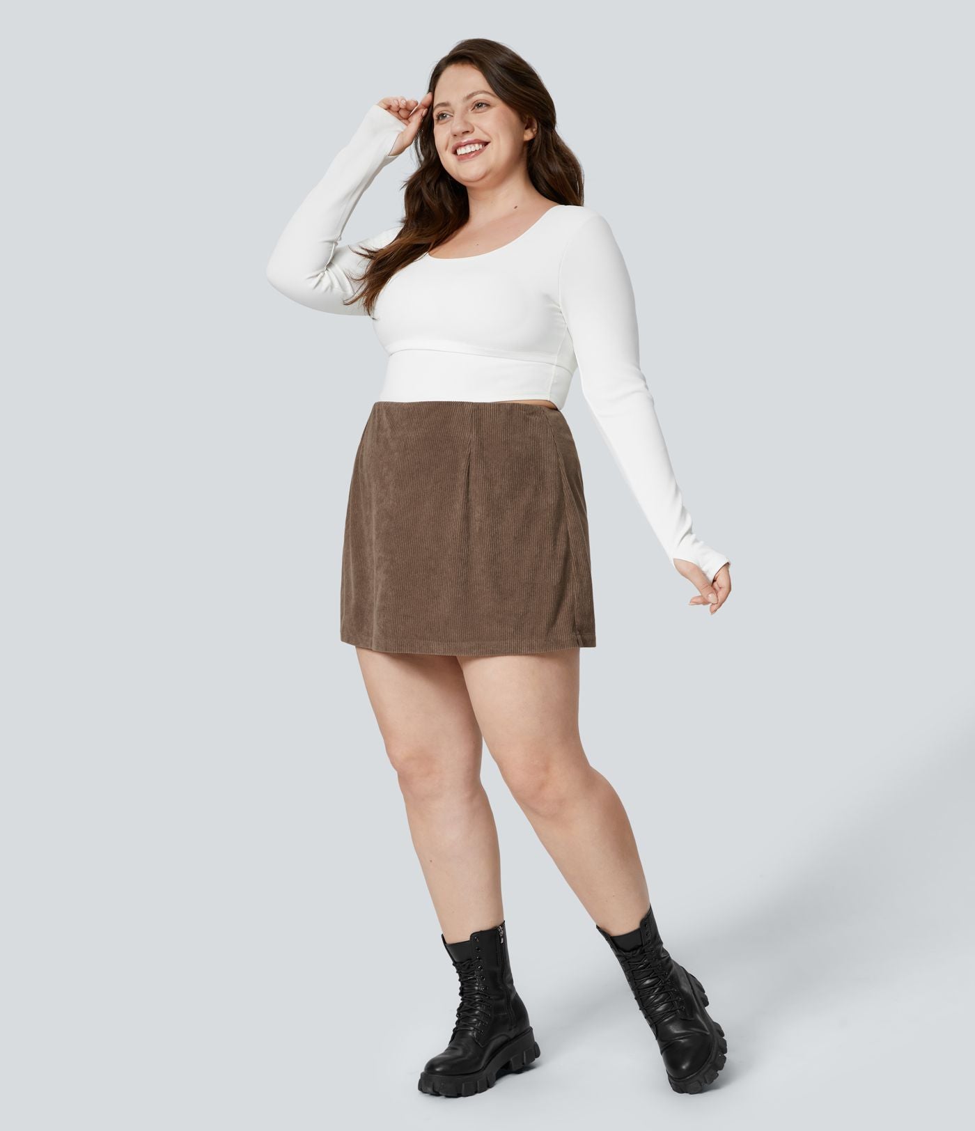 Jupe Casual Grande Taille en Velours Côtelé Mini à Taille Haute avec Fermeture Éclair Invisible 2 en 1