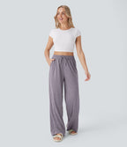 Pantalon large décontracté taille haute avec cordon de serrage et poches latérales