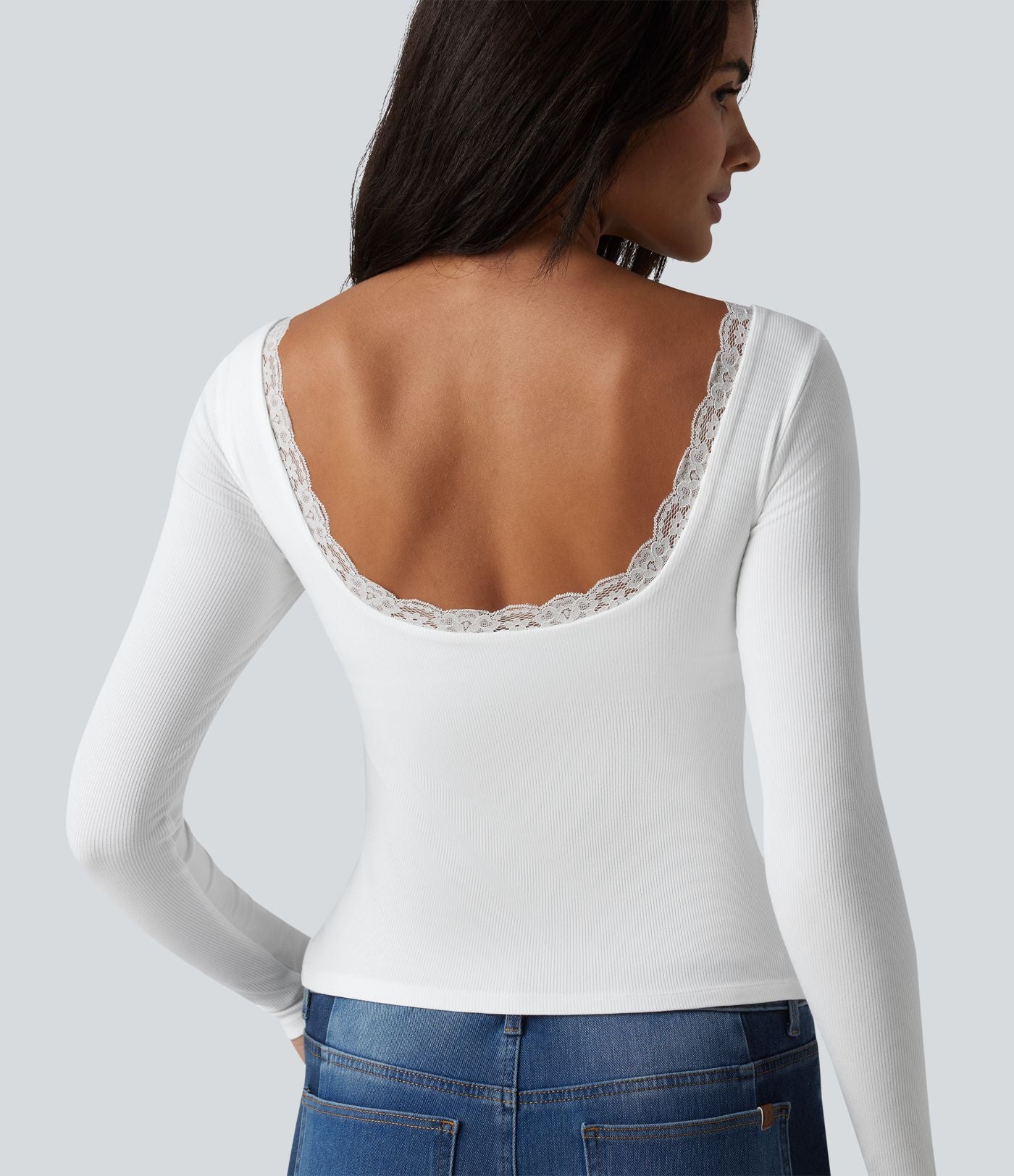 Haut casual en maille côtelée à manches longues, col rond échancré, dos en U, dentelle contrastée et soutien-gorge intégré