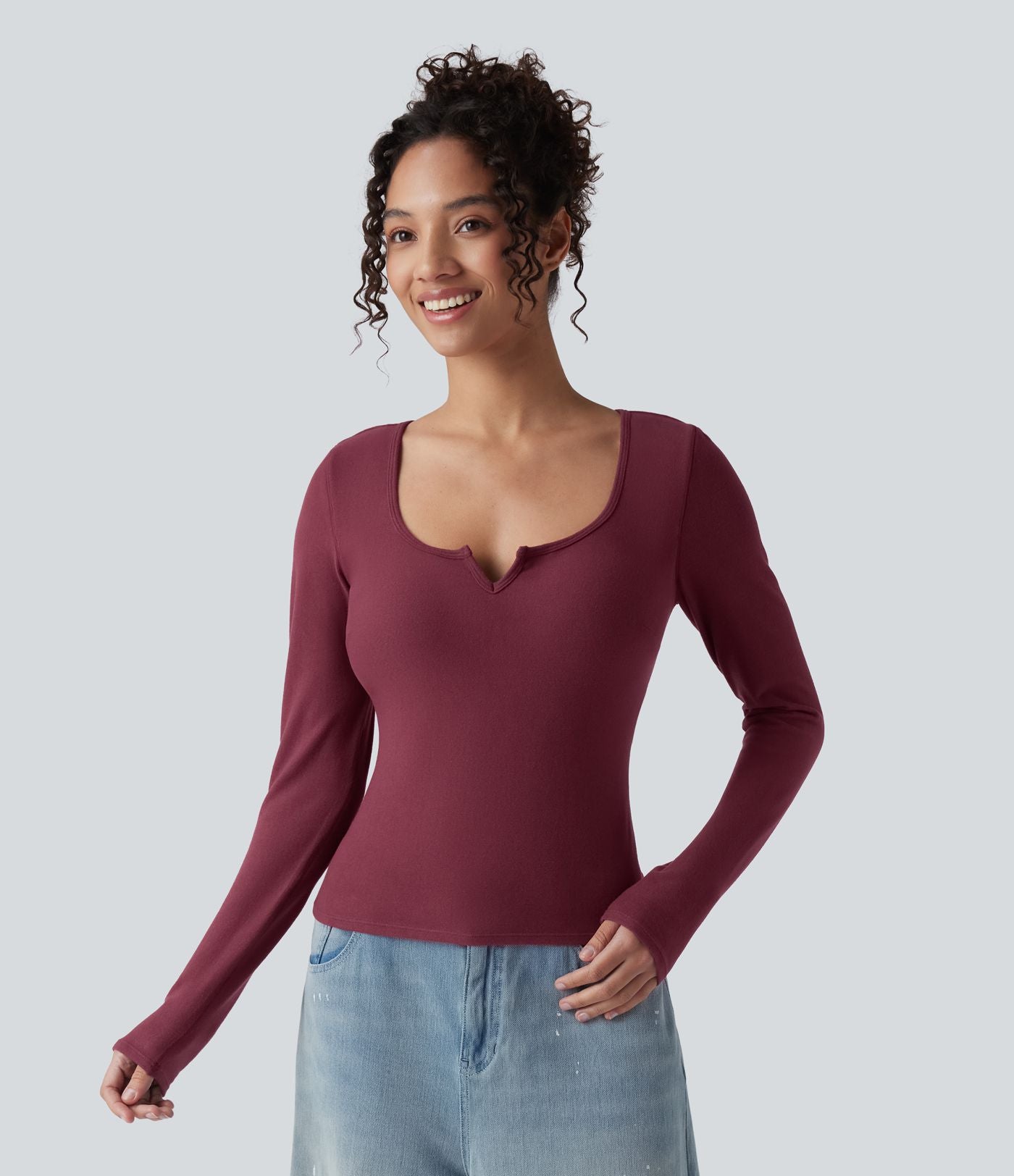 Top casual chaud push-up avec bonnets moulés, col cranté et manches longues - Bonnet A/B