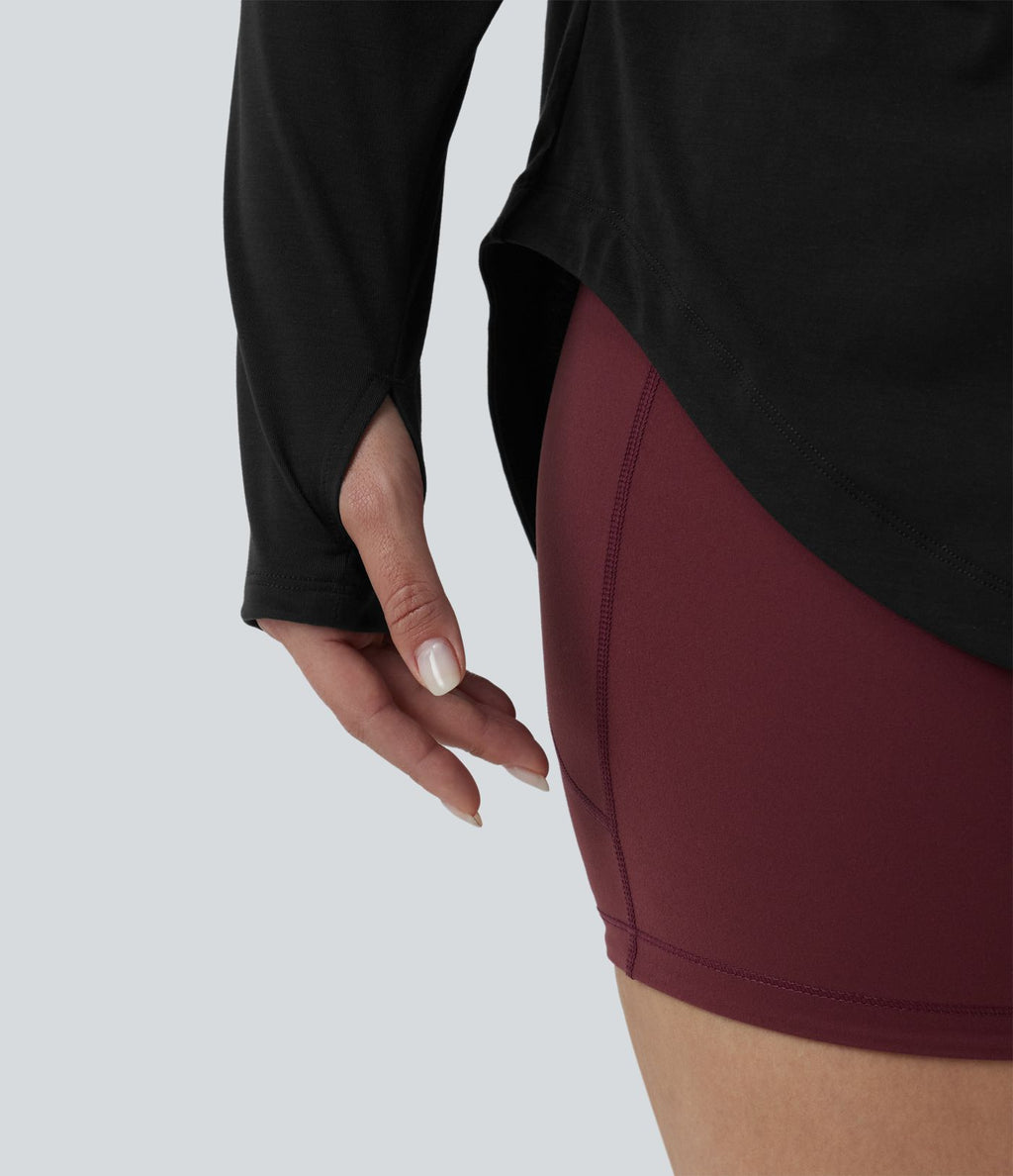 Haut de yoga grande taille asymétrique une épaule dénudée manches longues avec passages pouces, ourlet arrondi high-low et séchage rapide - Brassière intégrée