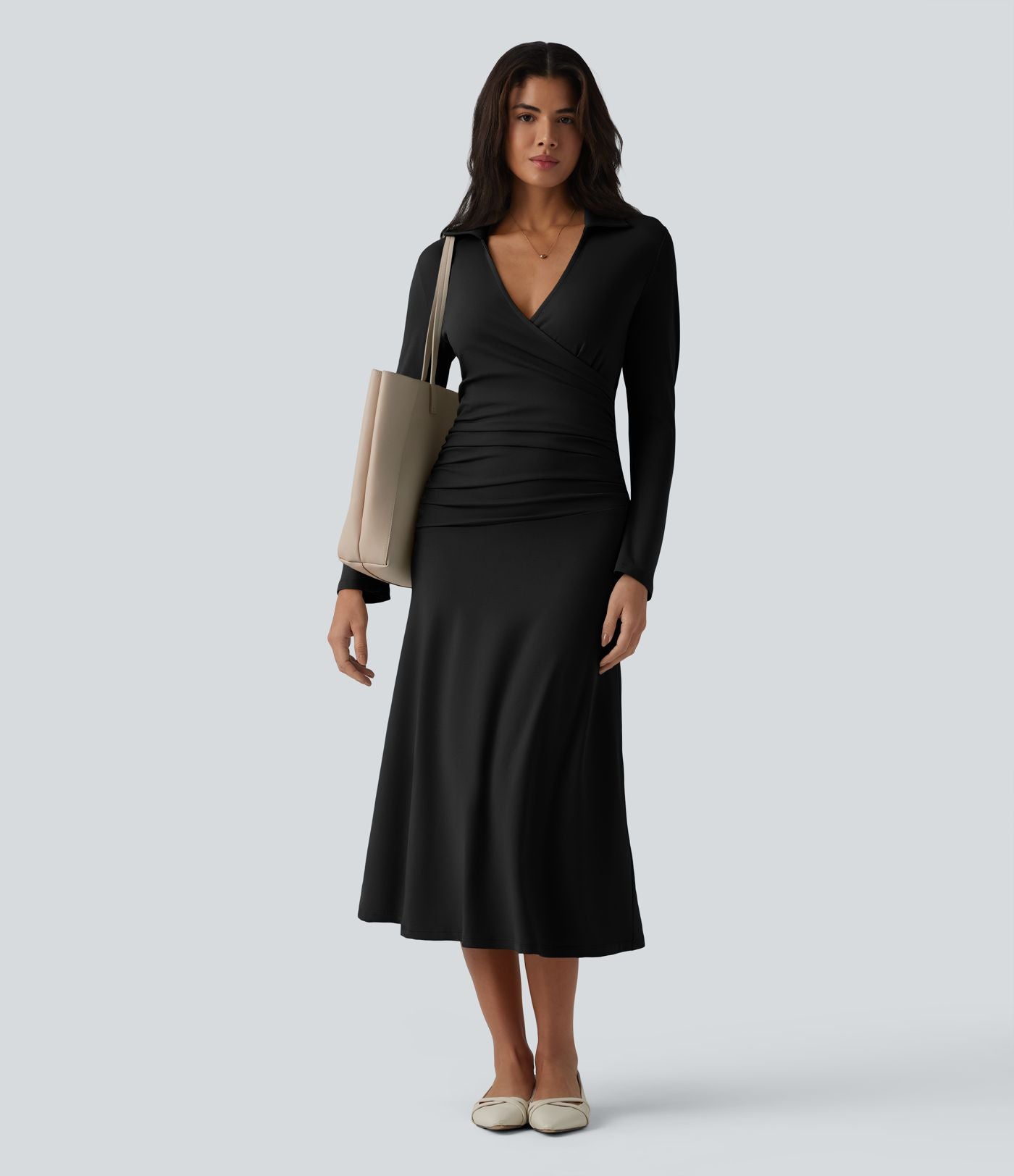 Robe midi décontractée à col en V et manches longues froncées
