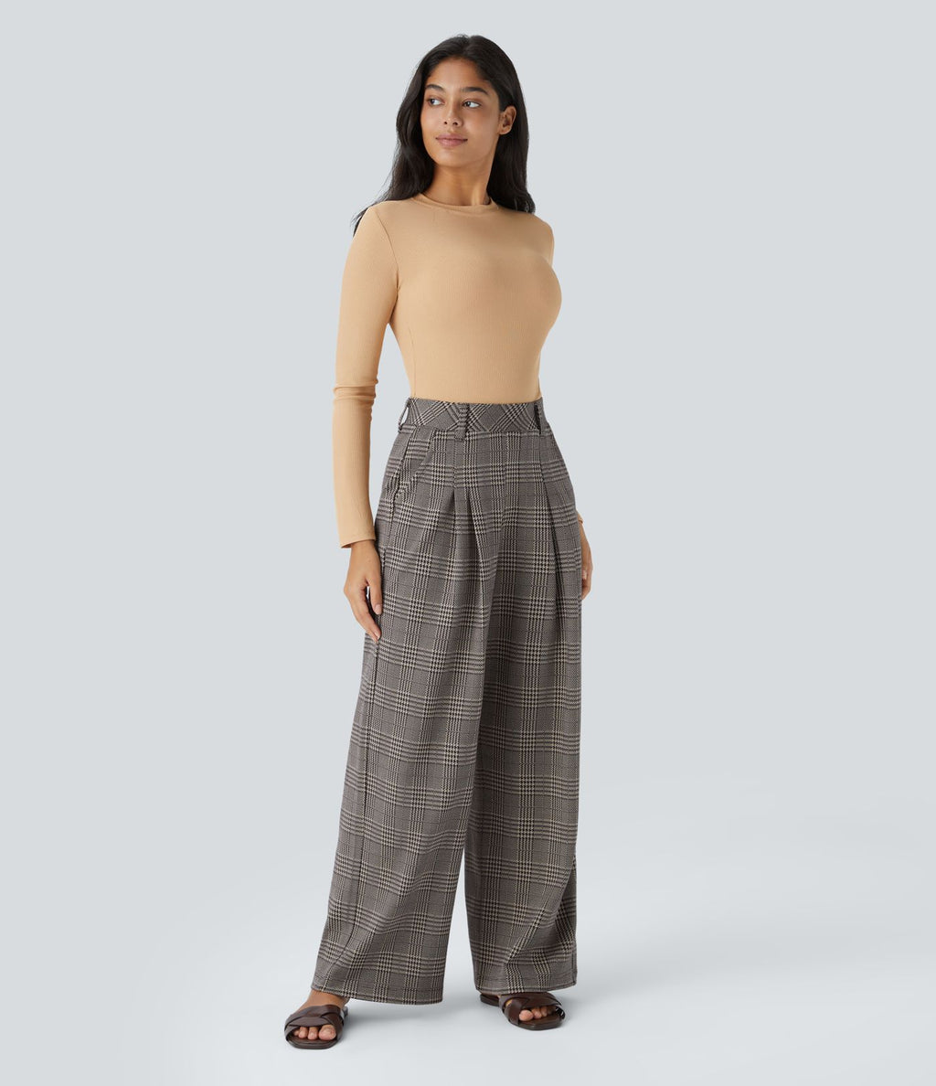 Pantalon taille haute décontracté large à carreaux, avec poches