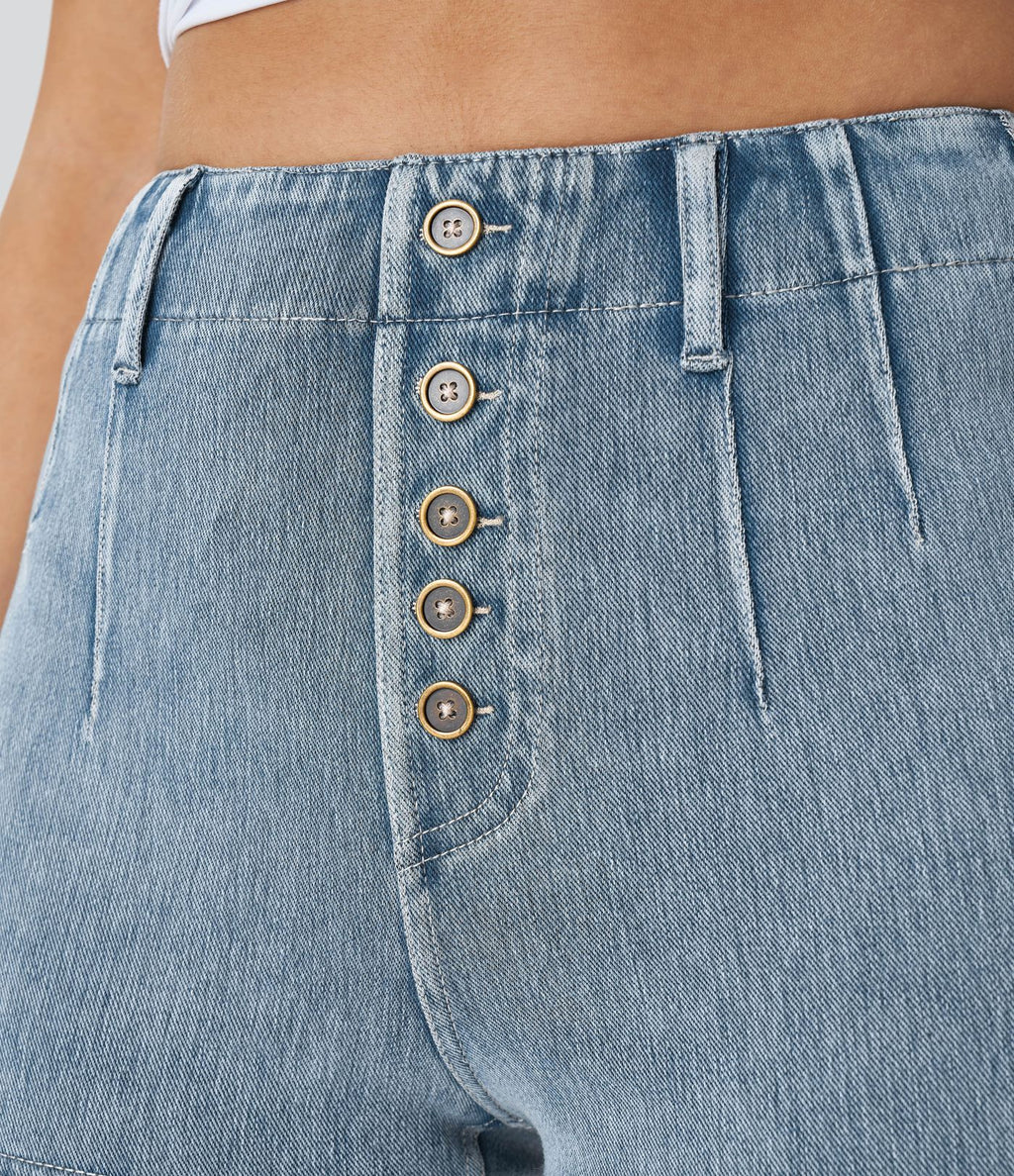 Halara Flex™ Short 5cmCasual Taille Haute en Denim Tricoté Stretch avec Boutons Décoratifs et Poches Arrière
