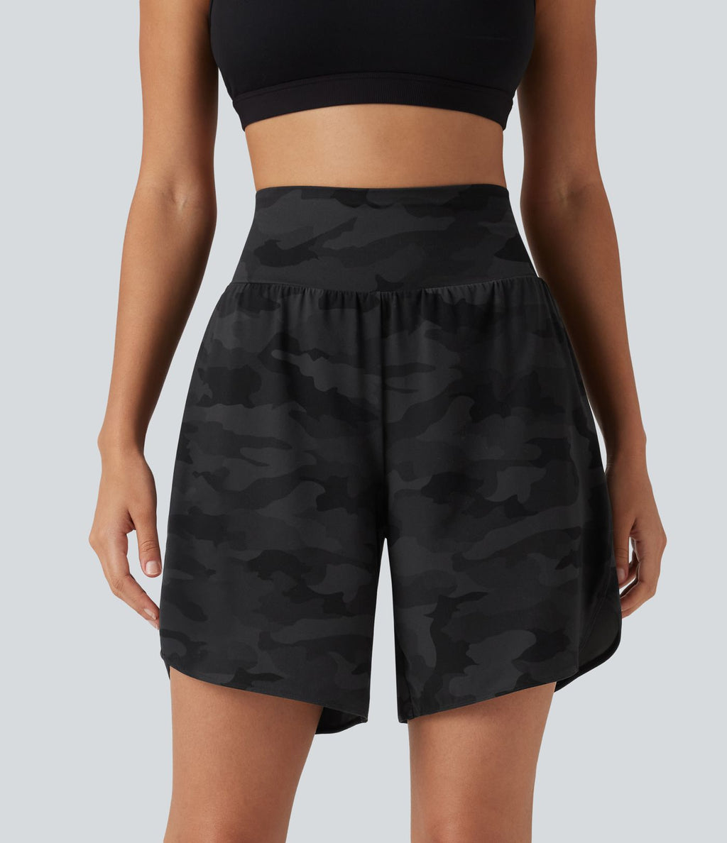 Short de running Halara UltraSculpt™ gainant taille haute imprimé camouflage avec ourlet arrondi et poche - 18 cm
