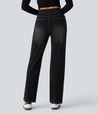 Jean décontracté Halara Flex™ taille haute, extensible, délavé, jambes droites avec poches multiples