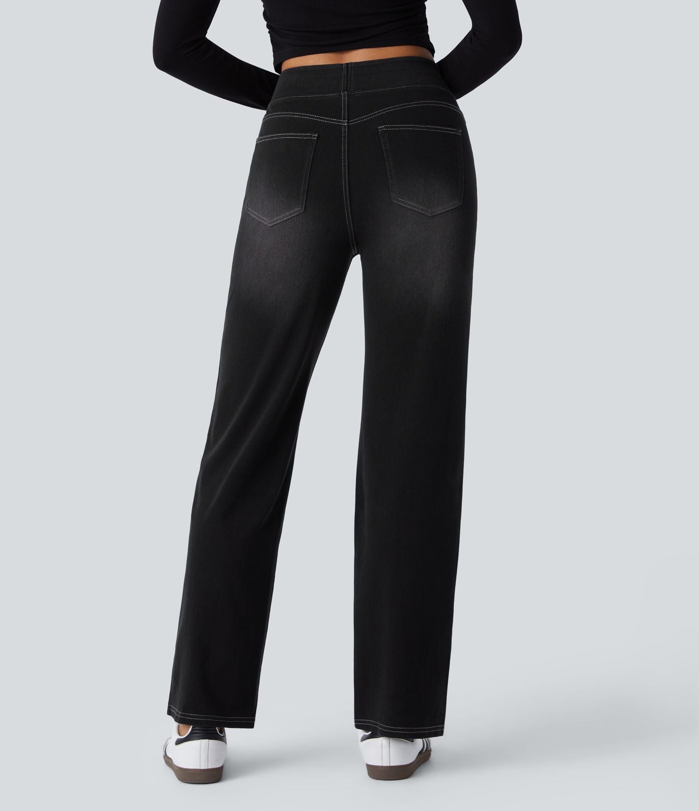 Jean décontracté Halara Flex™ taille haute, extensible, délavé, jambes droites avec poches multiples