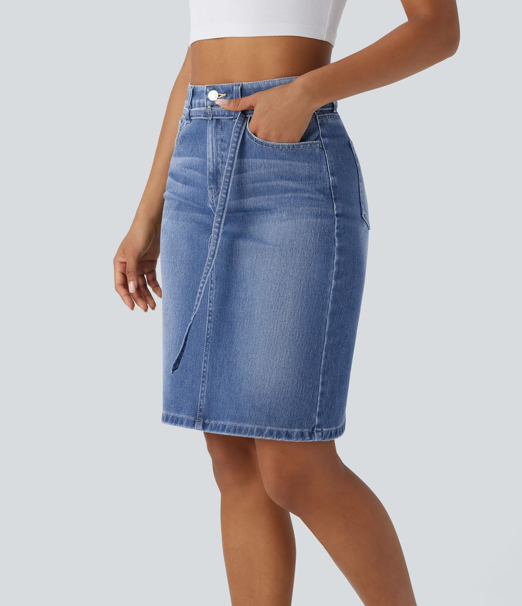 Jupe en Jean midi décontractée extensible délavée à taille moyenne avec boutons, fermeture éclair, poches multiples et fente