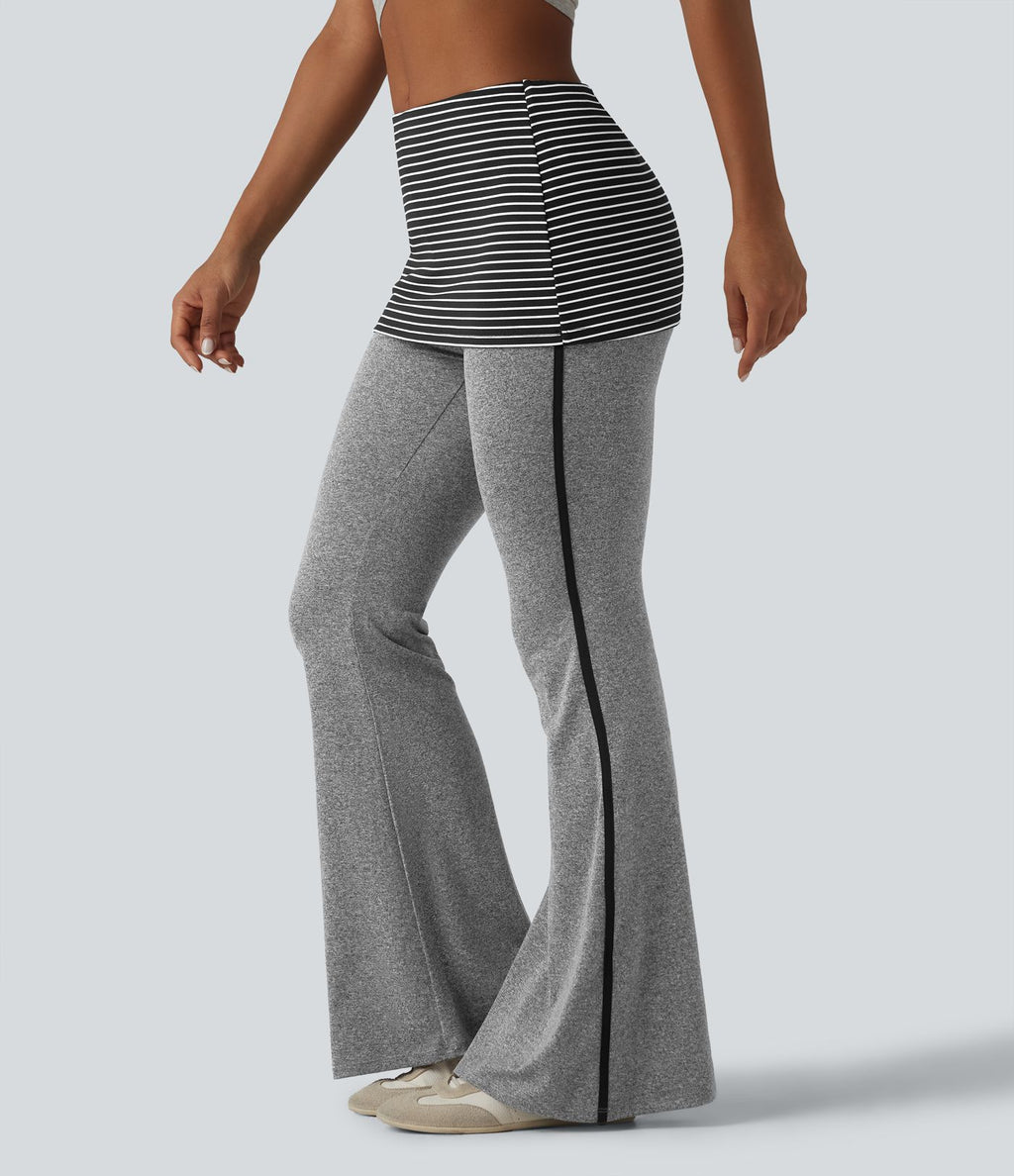 Pantalon évasé casual taille mi-haute à rayures avec ceinture repliable