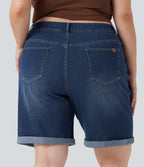 Short bermuda casual denim grande taille Halara Flex™ tricot extensible délavé taille haute multiples poches ourlet roulotté