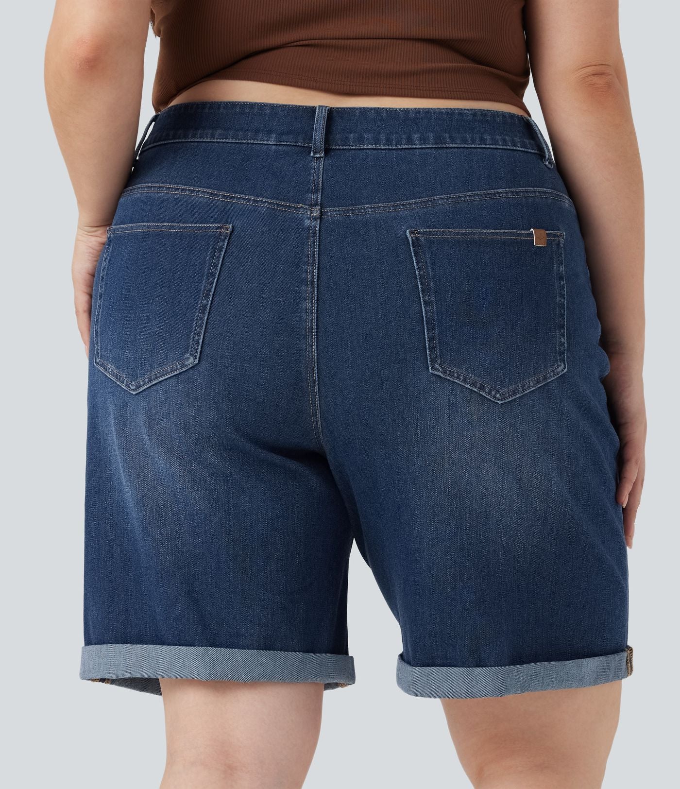 Short bermuda casual denim grande taille Halara Flex™ tricot extensible délavé taille haute multiples poches ourlet roulotté