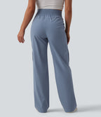 Pantalon décontracté coupe droite taille haute avec poches
