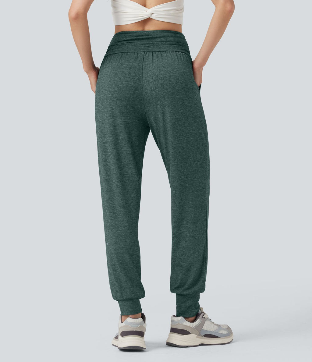 Jogging taille haute froncé chiné avec poches