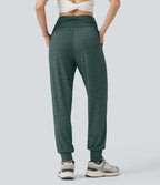 Jogging taille haute froncé chiné avec poches