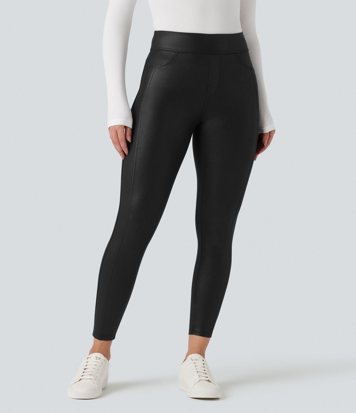 Legging décontracté taille haute en tissu enduit brillant avec poches