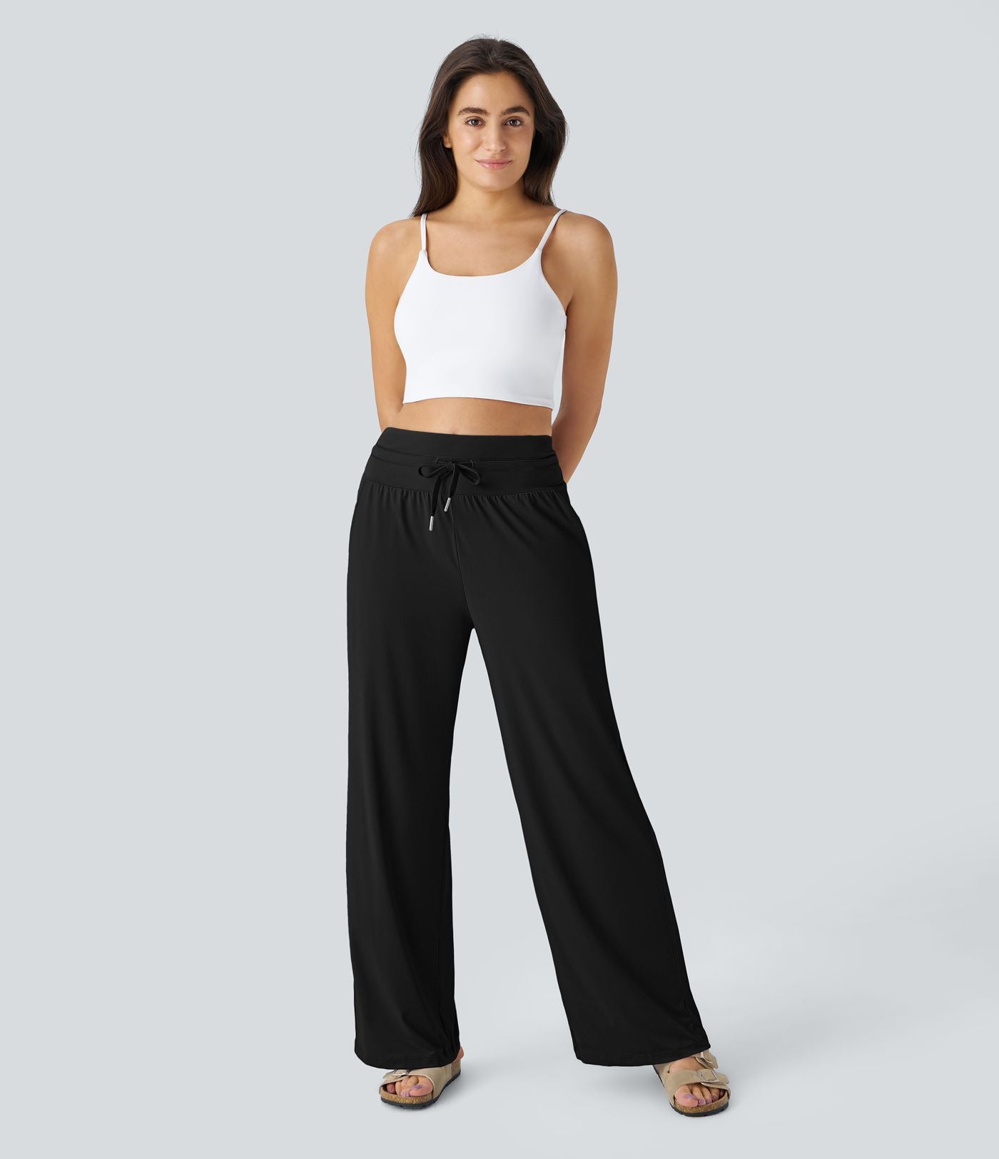 Pantalon large décontracté taille haute cordon de serrage poches latérales effet frais InstantCool