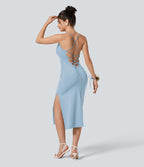 Robe moulante SoftlyZero™ Airy fendue à effet frais InstantCool, brassière intégrée, dos nu croisé à lacets, légèrement plissée pour invitée de mariage et demoiselle d'honneur