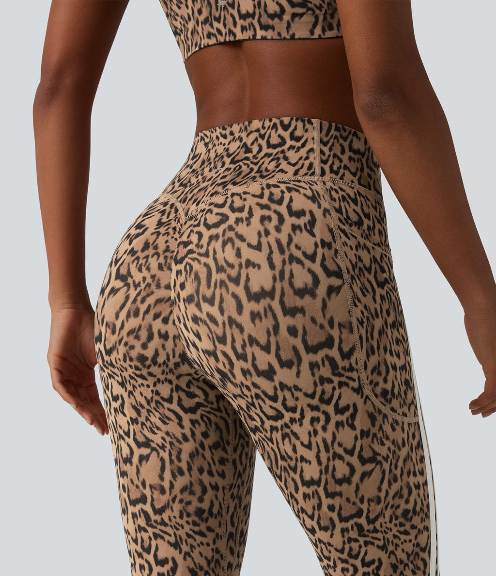 Legging 7/8 d'entraînement Halara UltraSculpt™ imprimé léopard, taille haute, ventre plat, push-up, rayures color block avec poches