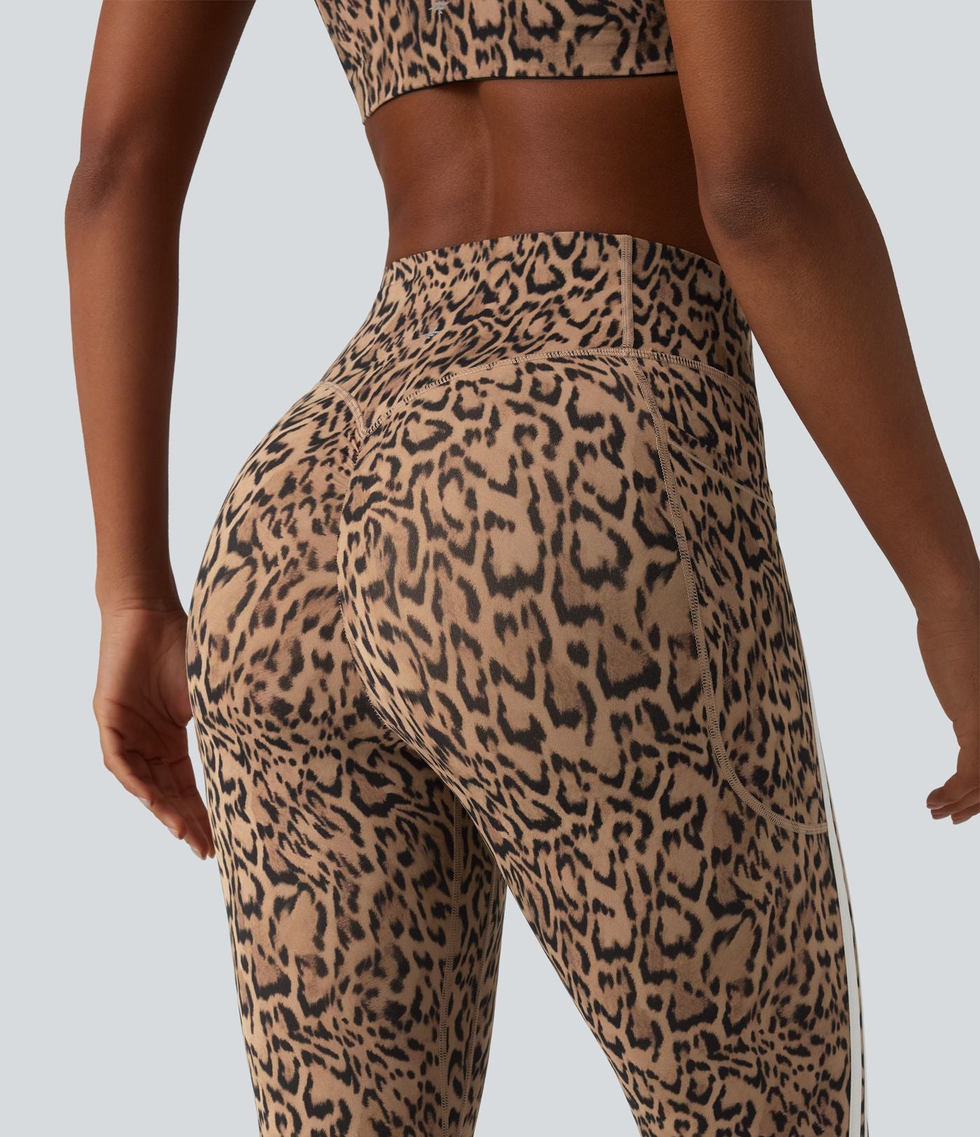 Legging 7/8 d'entraînement Halara UltraSculpt™ imprimé léopard, taille haute, ventre plat, push-up, rayures color block avec poches