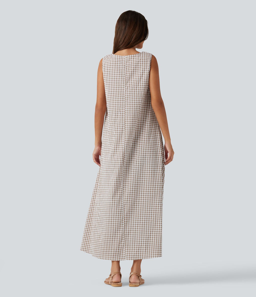 Robe débardeur midi décontractée col rond sans manches en vichy froissé avec poches